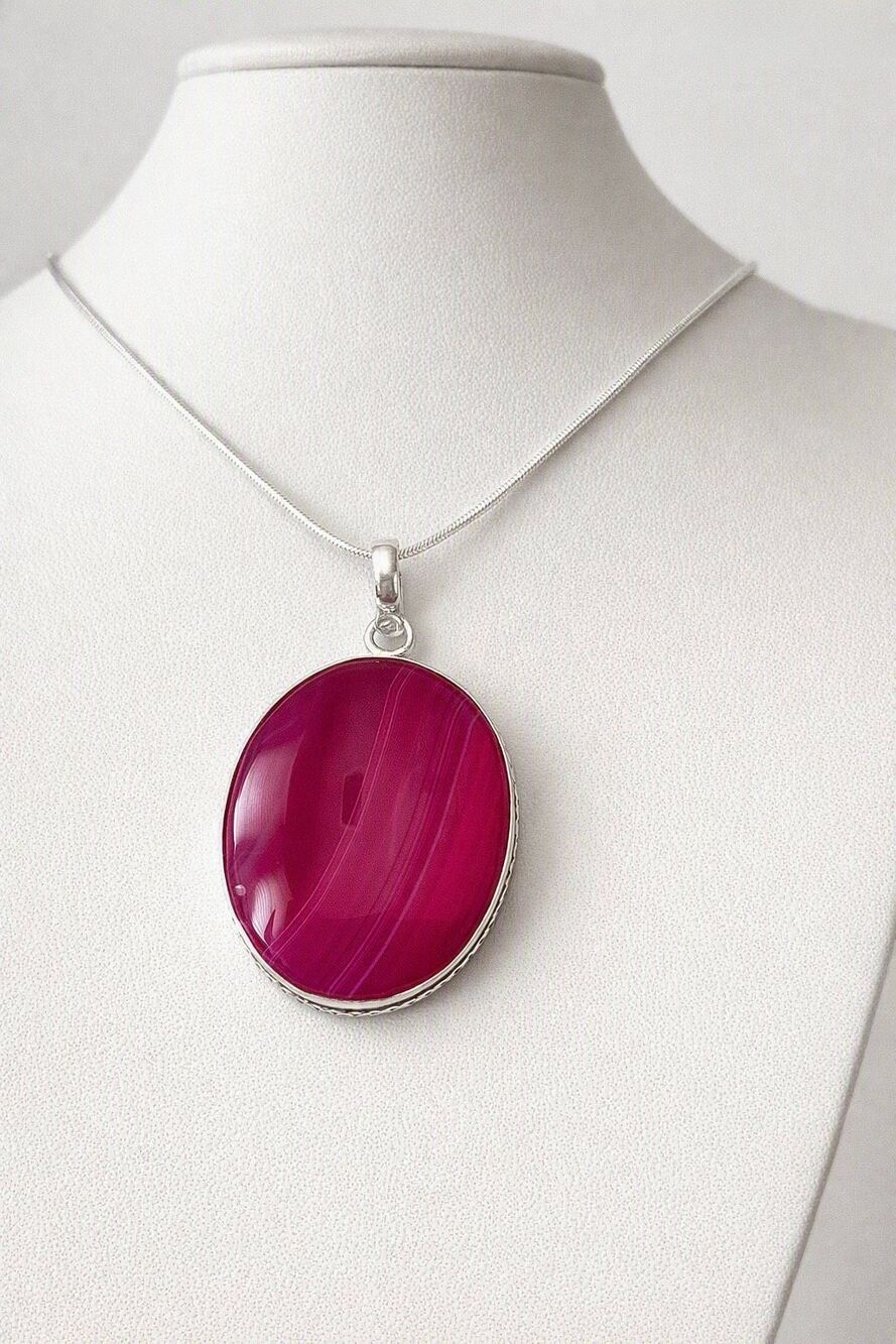 Pink Botswana Banded Agate Silver Necklace Boho Oval  Pendant Jewelry Gift New